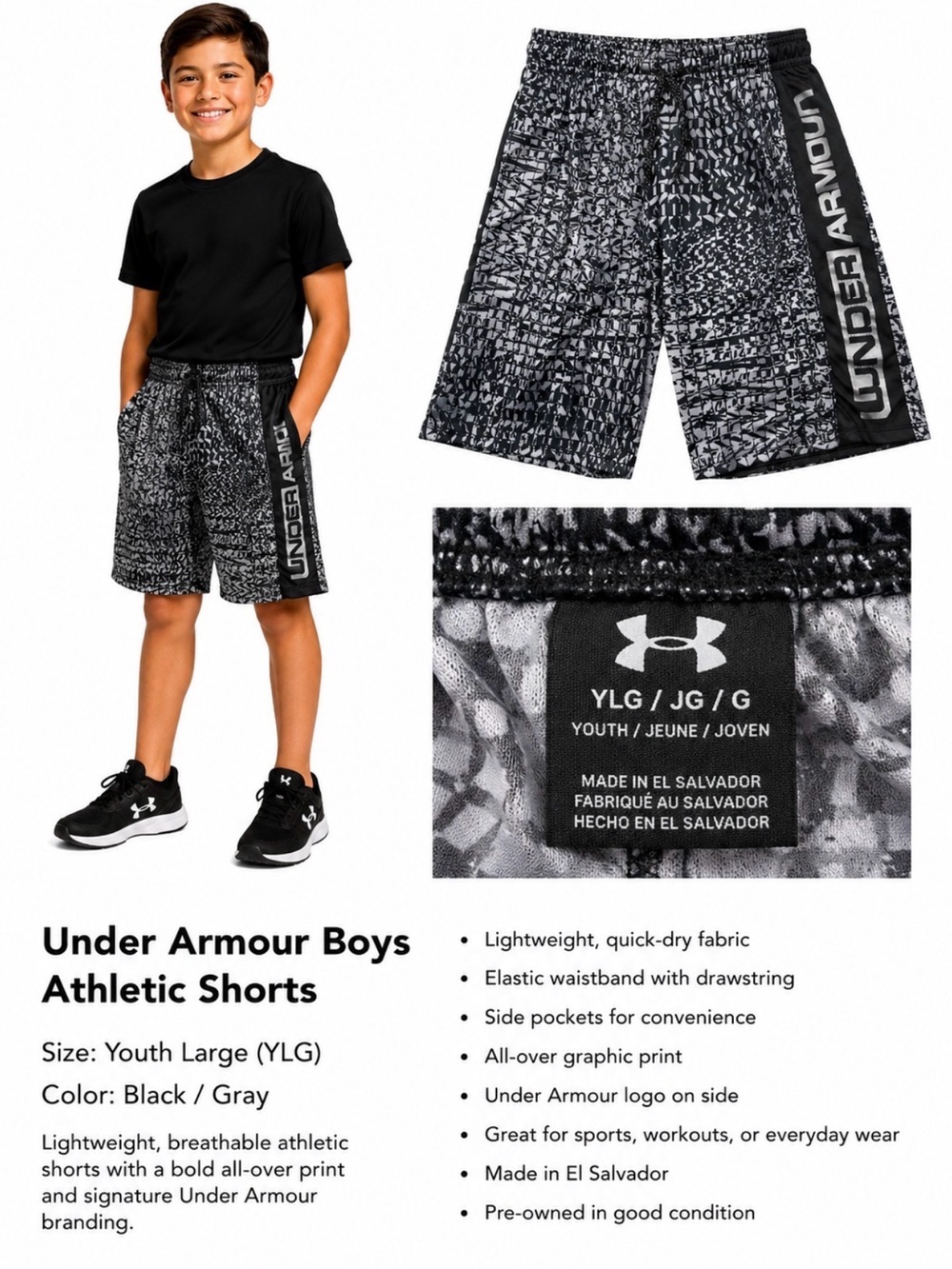 Under Armour Boys Black and Gray Graphic Athletic Shorts